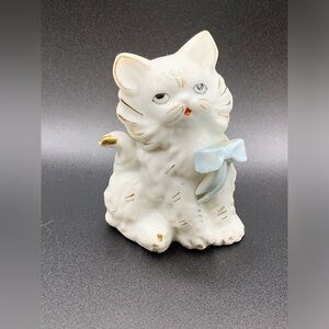 Vintage Japan Cat Kitten Figurine, Persian White Gold Cat Blue Bow Kitsch
